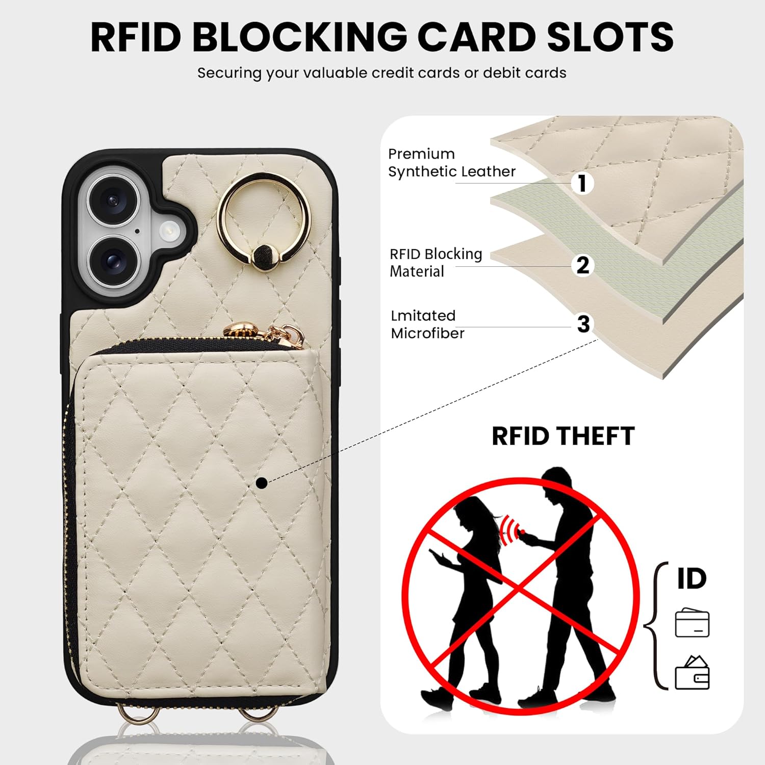 Keallce Case for iPhone 16 6.1'' Wallet Case, Crossbody Zipper Purse with Wristlet for Women, RFID Blocking Card Holders, 360° Ring Kickstand Flip Leather Case for iPhone 16, Beige - Image 4