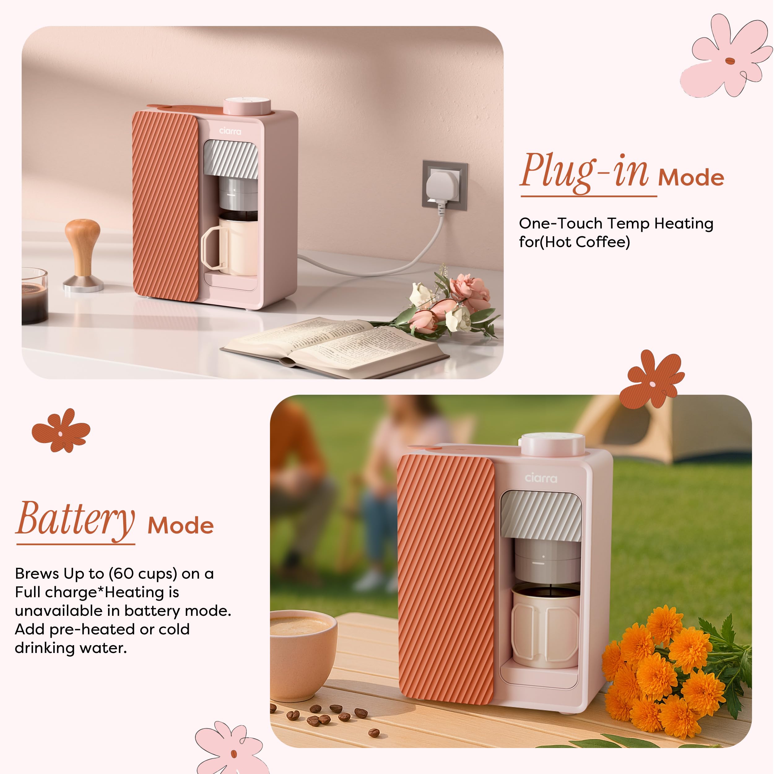CIARRA BloomBox Tragbare Espressomaschine mit Akku, 15 Bar Druck & Temperaturregelung – Selbstaufheizend, 180ml Wassertank, One-Touch Bedienung, Netz- und Batteriebetrieb Espresso Maker