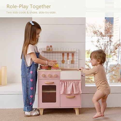 Miniatura 2 de Cocina de juego de madera rosa con características realistas y accesorios, juguete de cocina de simulación para niños mayores de 3 años, regalo