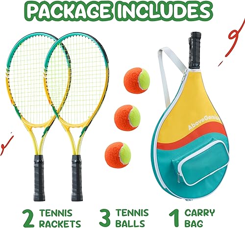 Miniatura 5 de Juego de raquetas de tenis para niños, raqueta de tenis de 21 a 23 pulgadas para niños pequeños, kit de iniciación, 3 bolas, 2 raquetas ligeras con