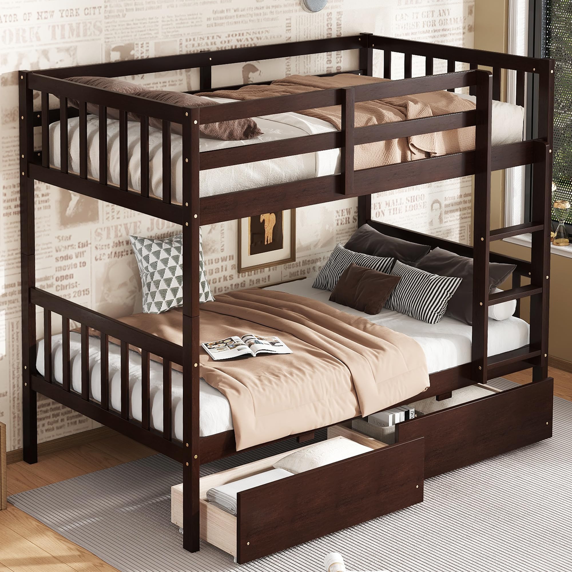BEQAI Twin Over Twin Bunk Bed with Drawers, Convertible to 2 Platform Bed, Wooden Twin Size Bunk Bed for Kids, Teens, Adults