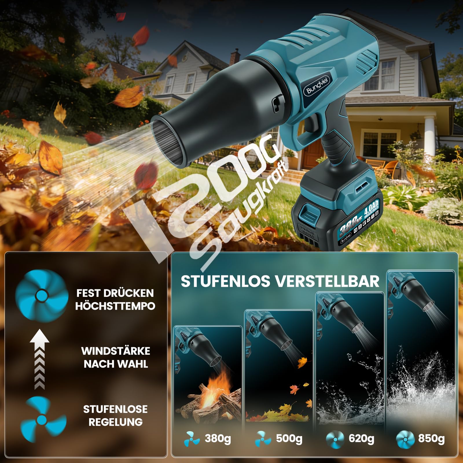 Soplador de hojas con batería de 880 W, motor sin escobillas de 52.000 rpm, con 2 baterías de 4000 mAh, velocidad del viento de 80 m/s y empuje de 1200 g, 3 boquillas, soplador de nieve y soplador de