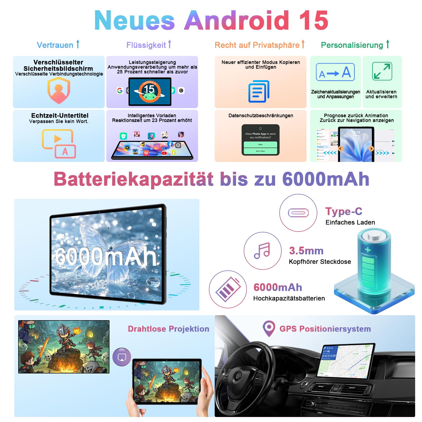fezawio Android 15 Tablet 10 Zoll Gemini AI, Tablet PC Octa-Core, 30 GB RAM + 64 GB ROM (1TB TF), 3.5mm Audio/GMS/WiFi 6 & BT 5.0 / 6000mAh / GPS/Widevine L1, Maus, Tastatur, Lederhülle,schwarz