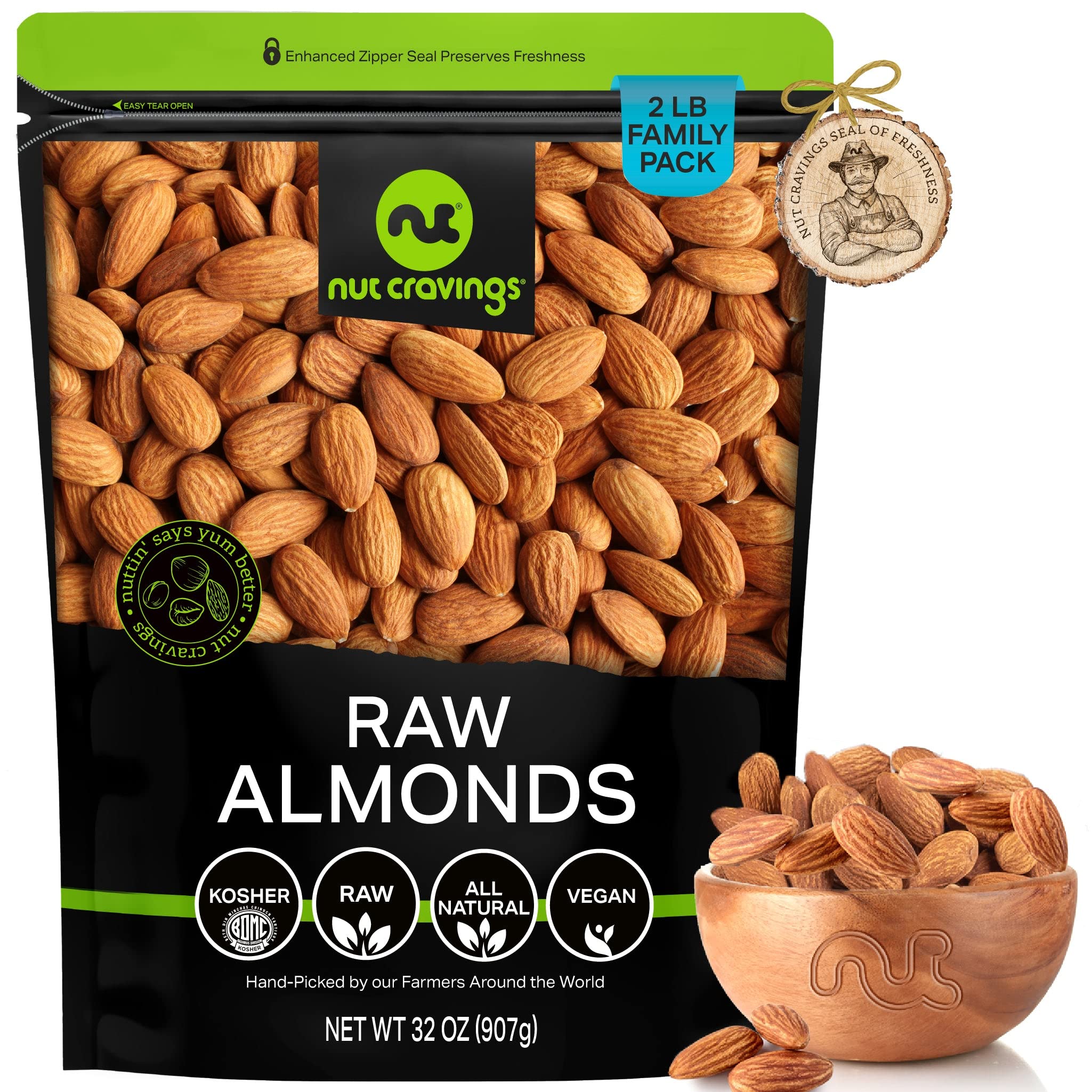 NUT CRAVINGS - Raw Whole Almonds, Unsalted, Shelled, (32oz - 2 LB) Bulk Nuts Packed Fresh in Resealable Bag - Kosher Healthy Snack, Food Assortments