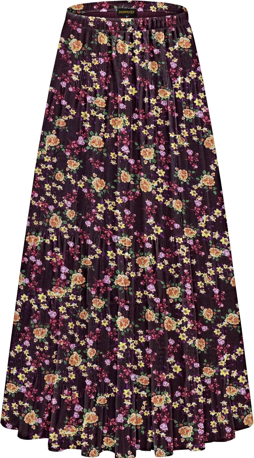 NASHALYLY Women's Chiffon Elastic High Waist Pleated A-Line Flared Maxi Skirts