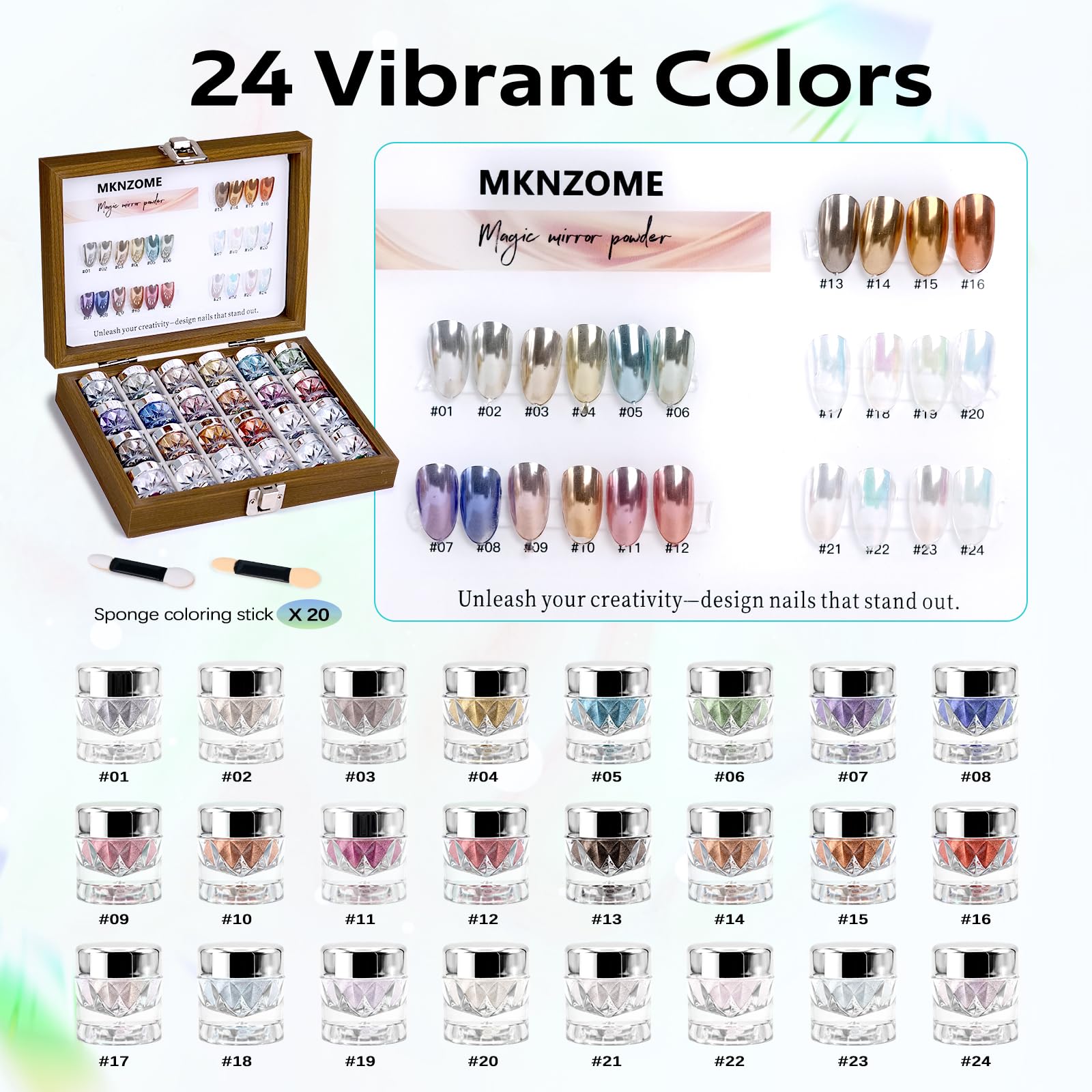 24 Colori Polvere per Unghie Cromata Metallic Mirror Aurora Olografico