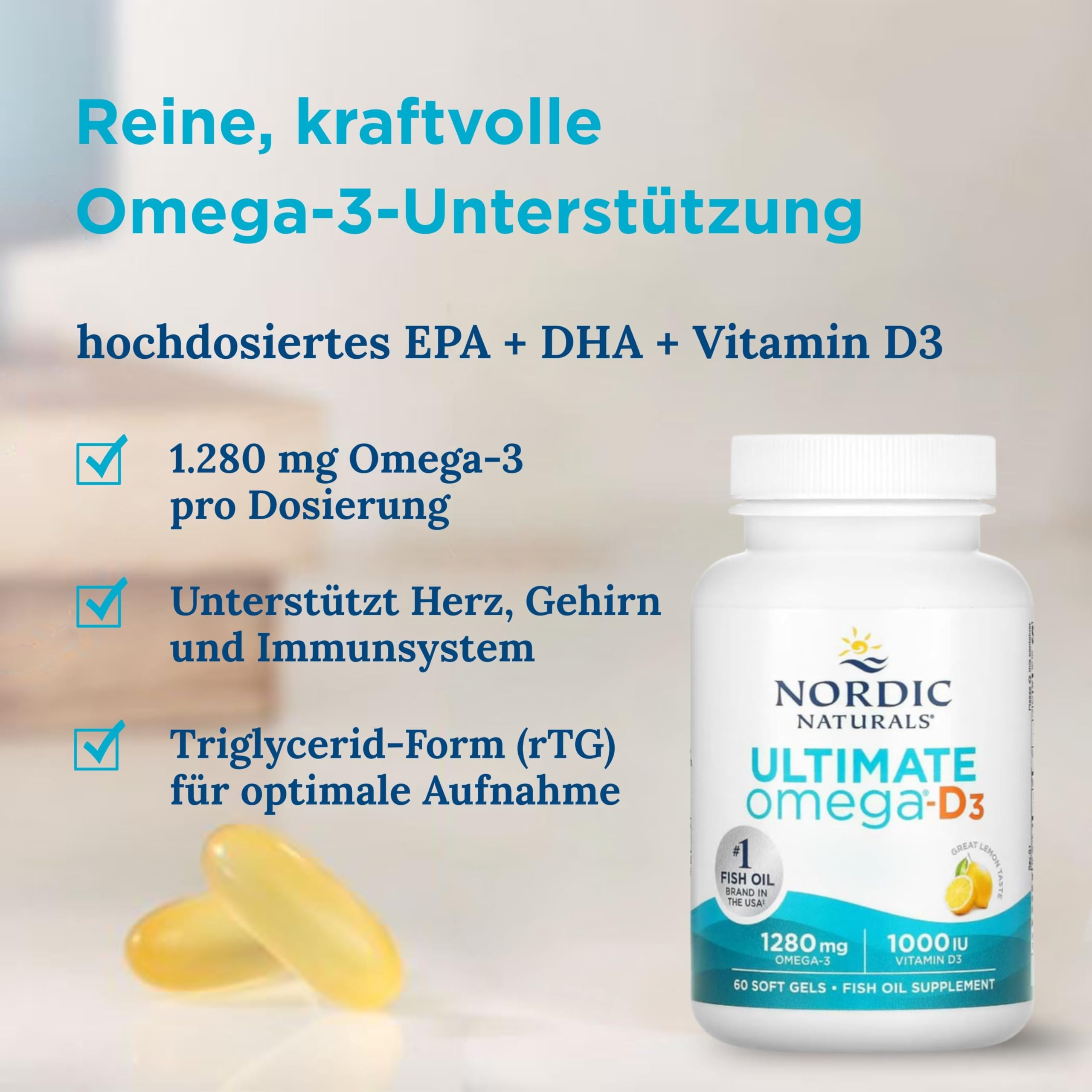 Nordic Naturals, Ultimate Omega-D3, 60 glutenfreie Softgels, 1280mg Omega-3 & 1000IU Vitamin D3 je Dosis, Sojafrei, GMO frei, Zitronengeschmack