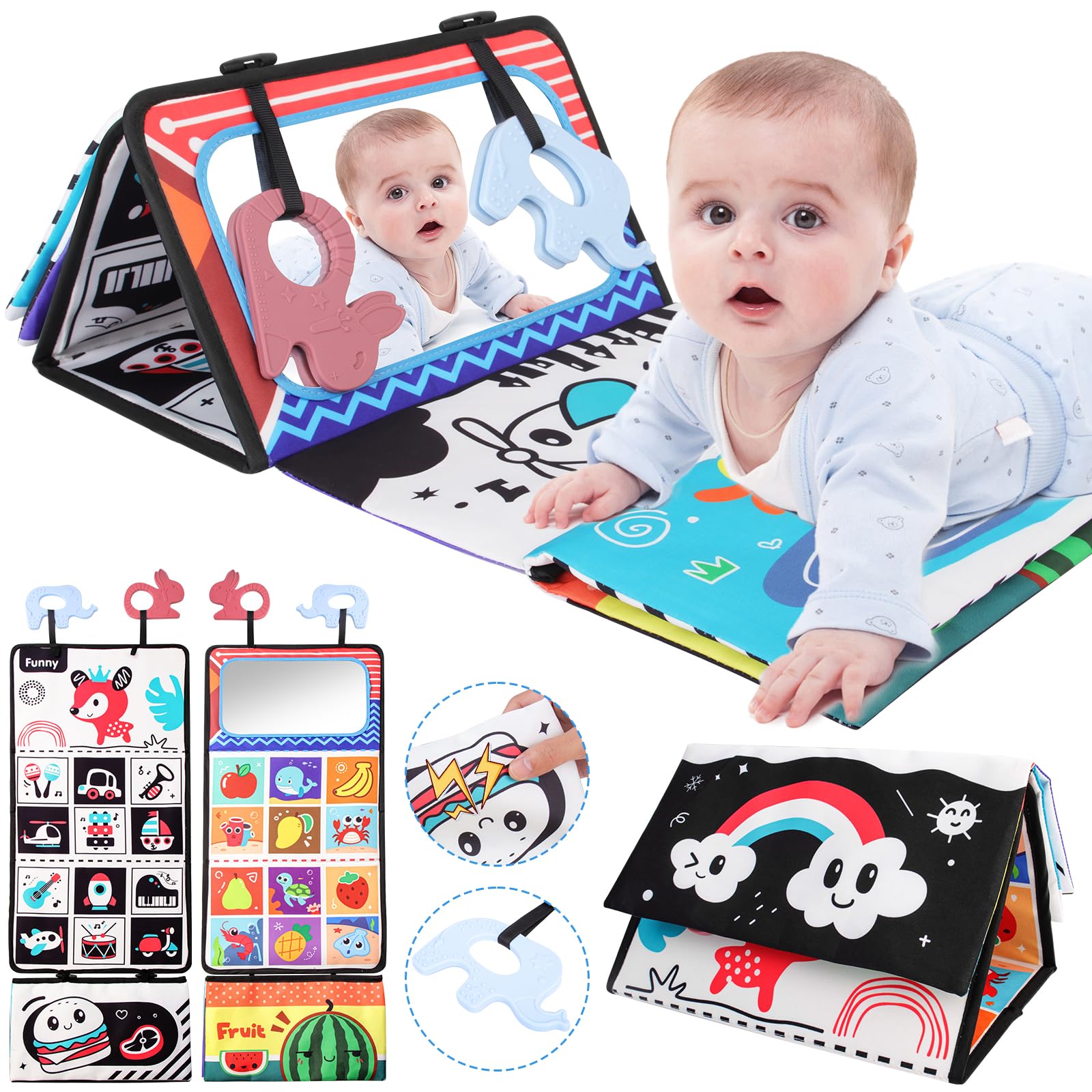 BEBOAN Baby Tummy Time Mirror Toy, High Contrast Baby Mirror Sensory Toys with Teether & Crinkle Cloth Book, Flip Mirror Foldable Montessori Toys for 0-18 Month Newborn Boys Girls