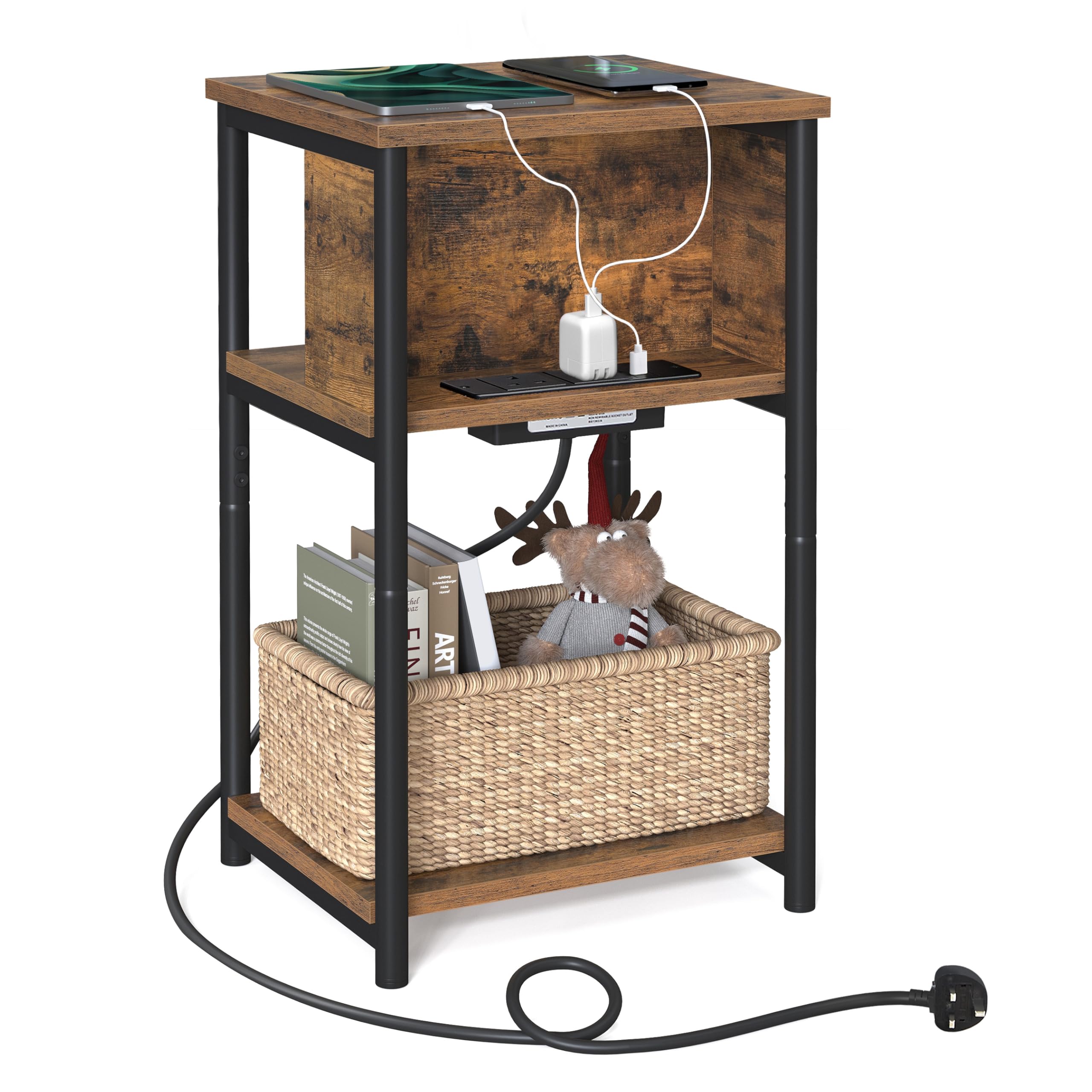 VASAGLE Slim Side Table with Charging Station, Narrow Bedside Table with 2 AC Outlets 2 USB Outlets, 30 x 34 x 58 cm, for Living Room, Bedroom, Rustic Brown and Black LET374B01The Forest Stewardship Council