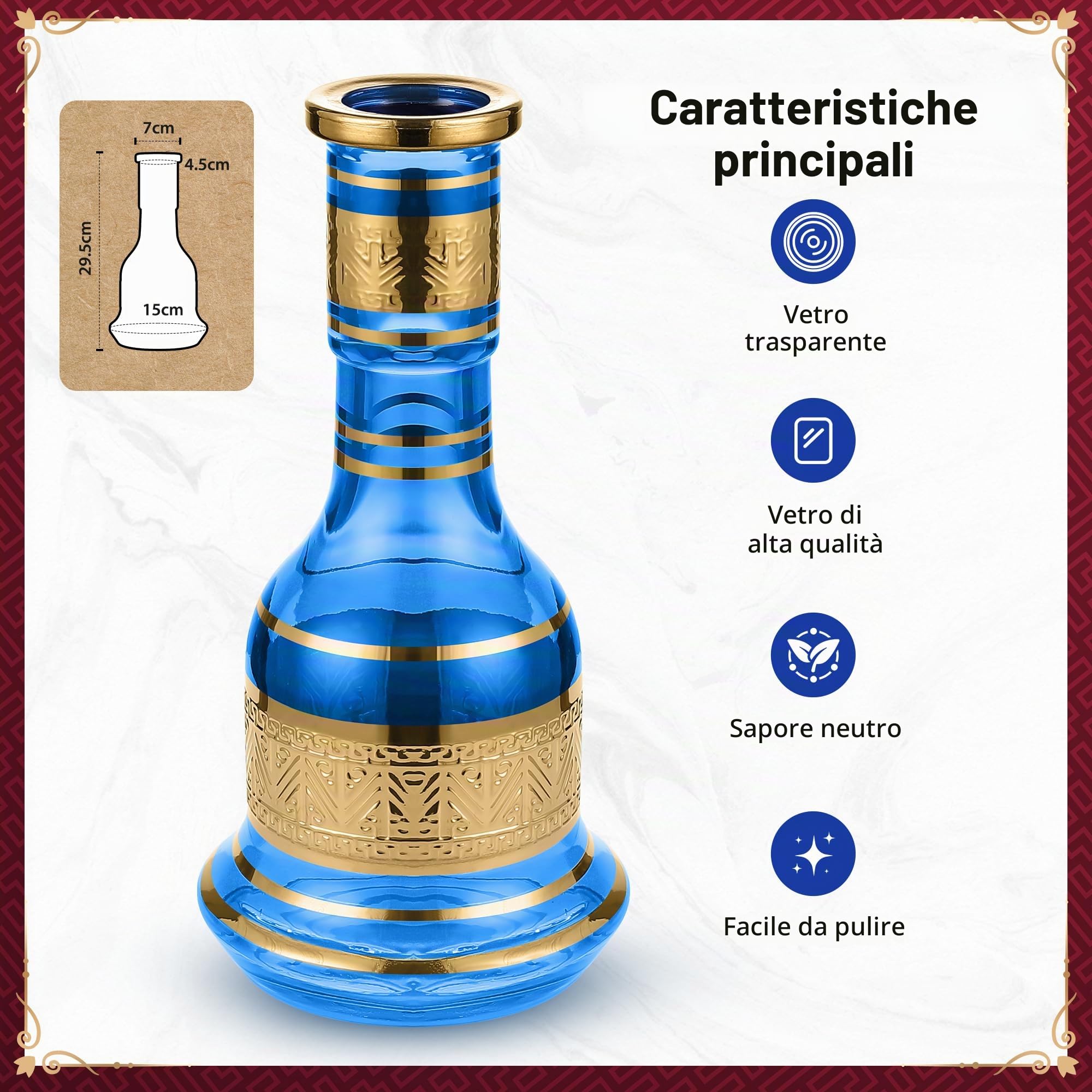 Luna Tradi Hookah - Set completo per narghilè, in metallo di alta qualità, con ciotola in vetro, testa in pietra, tubo in similpelle con bocchino, pinza, forchetta, blu