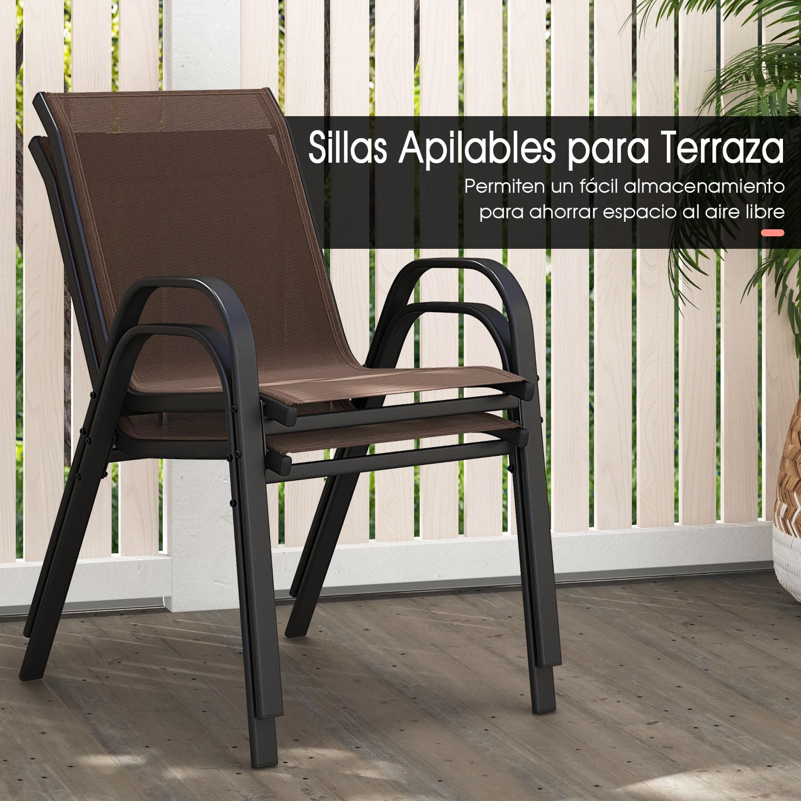 GIANTEX Juego de 2/4 Sillas de Patio, Sillas de Comedor Apilables con Estructura de Metal Resistente y Tela Transpirable, Respaldo y Reposabrazos Ergonómicas, para Terraza, Piscina, Jardín (2, Marrón)