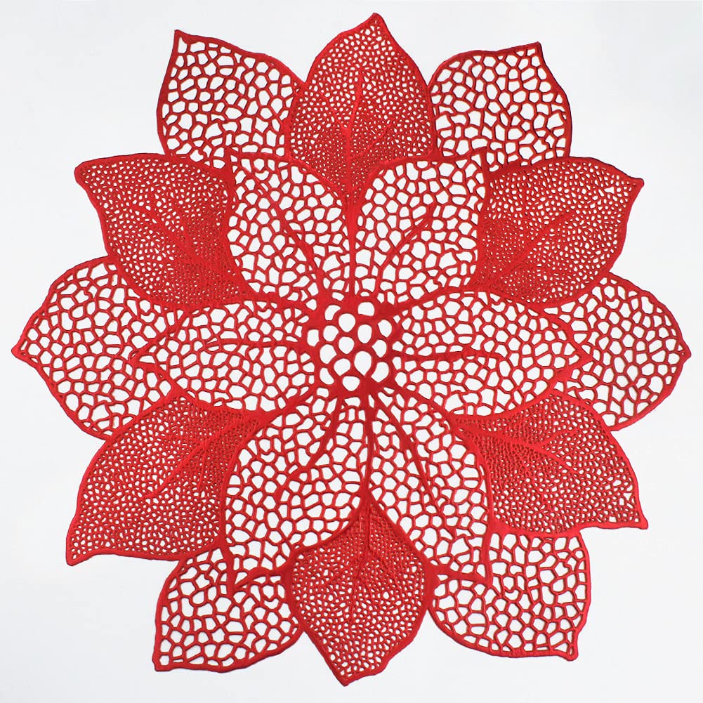 AdasBridal Red Round Placemats for Dining Table Set of 6 Pressed Vinyl Metallic Table Mats Hollow Out Hibiscus Flower Place Mats for Dinner Table Decor Holiday Wedding Accent Centerpiece