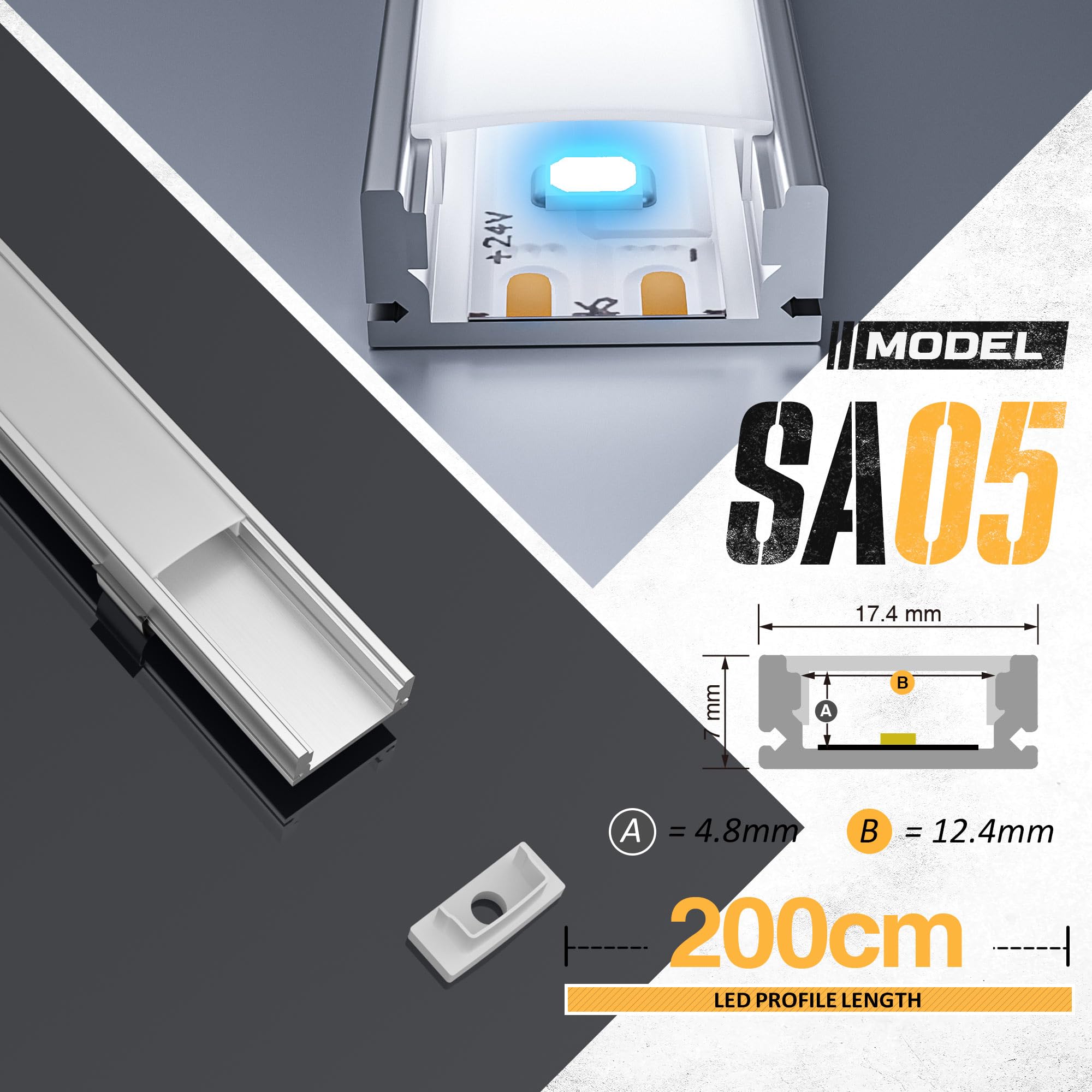 Perfil de Aluminio 25 × 2 m (50 m total) para Tira LED, Perfil LED Forma de U, Difusor y Canal LED, Adecuado para tiras de LED de hasta 12 mm - Dimensiones 17.4 x 7 mm (Sl05, 25*2M (total 50M))