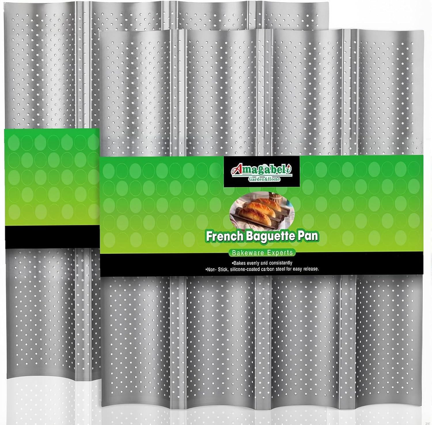 AMAGABELI GARDEN & HOME 2 Pack Baguette Bread Pan 15" x 13" Nonstick Perforated Baguette Tray French Bread Baking 4 Wave Loaf Bake Mold Toast Cooking Baker Gutter Oven Toaster Dishwasher Safe Silver