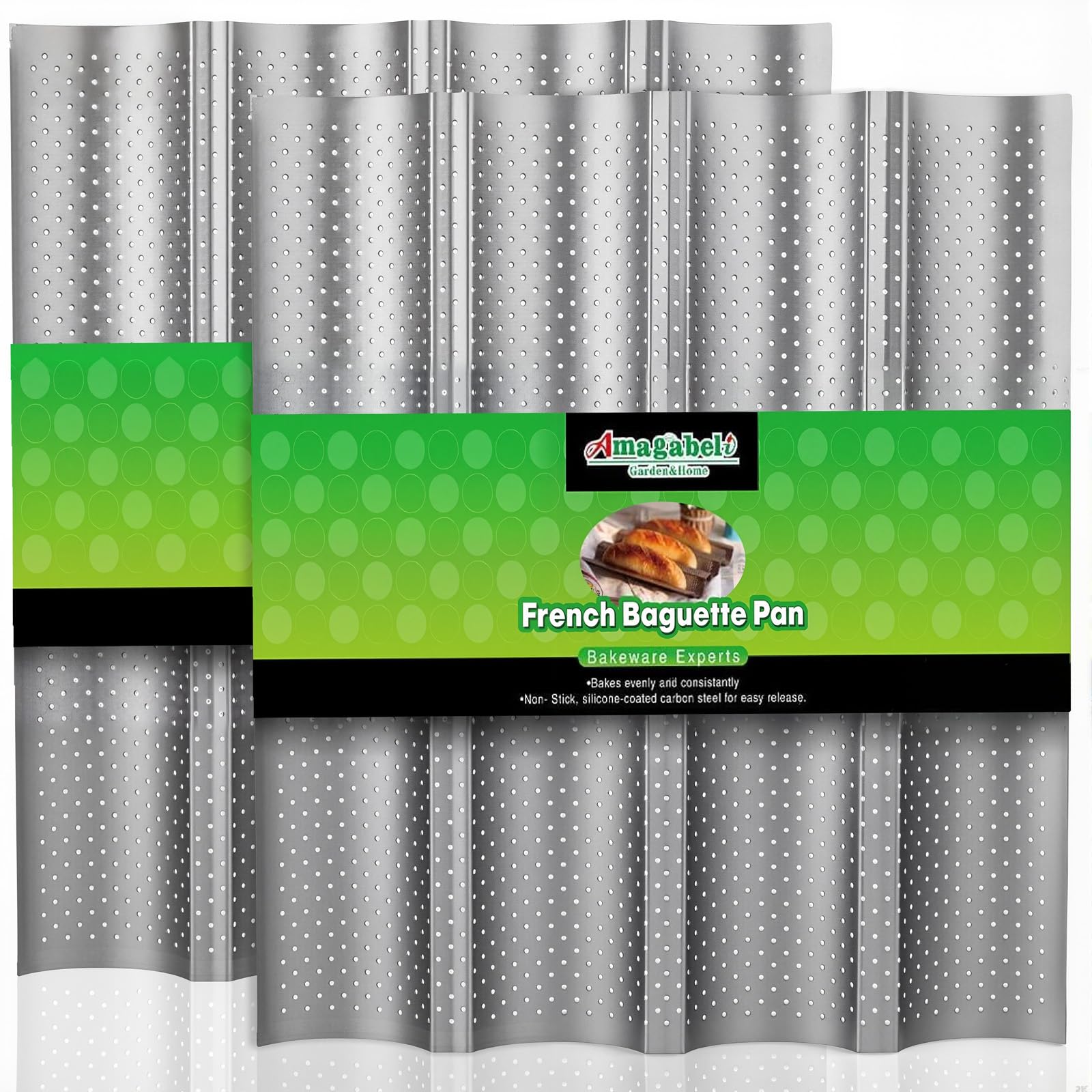 AMAGABELI GARDEN & HOME 2 Pack Baguette Bread Pan 15" x 13" Nonstick Perforated Baguette Tray French Bread Baking 4 Wave Loaf Bake Mold Toast Cooking Baker Gutter Oven Toaster Dishwasher Safe Silver