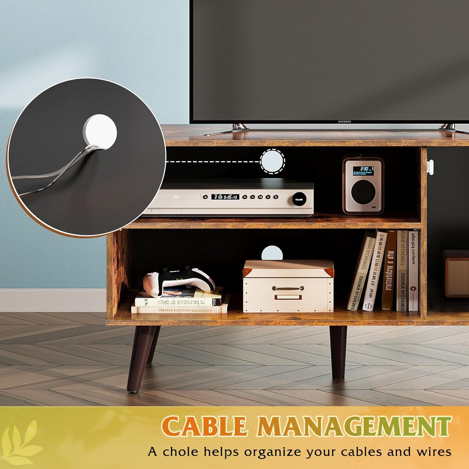 WLIVE TV Stand for 43 Inch TV, Small Entertainment Center with Storage Cabinet & Adjustable Shelves, Mid-Century Modern TV Stands for Living Room and Bedroom, 32" TV Console, Brown