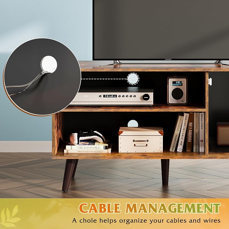 WLIVE TV Stand for 43 Inch TV, Small Entertainment Center with Storage Cabinet & Adjustable Shelves, Mid-Century Modern TV Stands for Living Room and Bedroom, 32" TV Console, Brown image 6