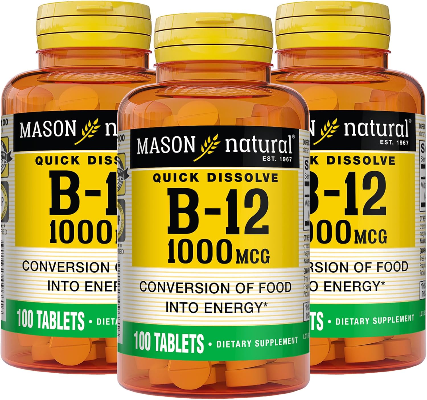 MASON NATURAL B,12 1000 mcg Quick Dissolve, 300 Day Supply for Healthy Conversion of Food into Energy (3 Pack)