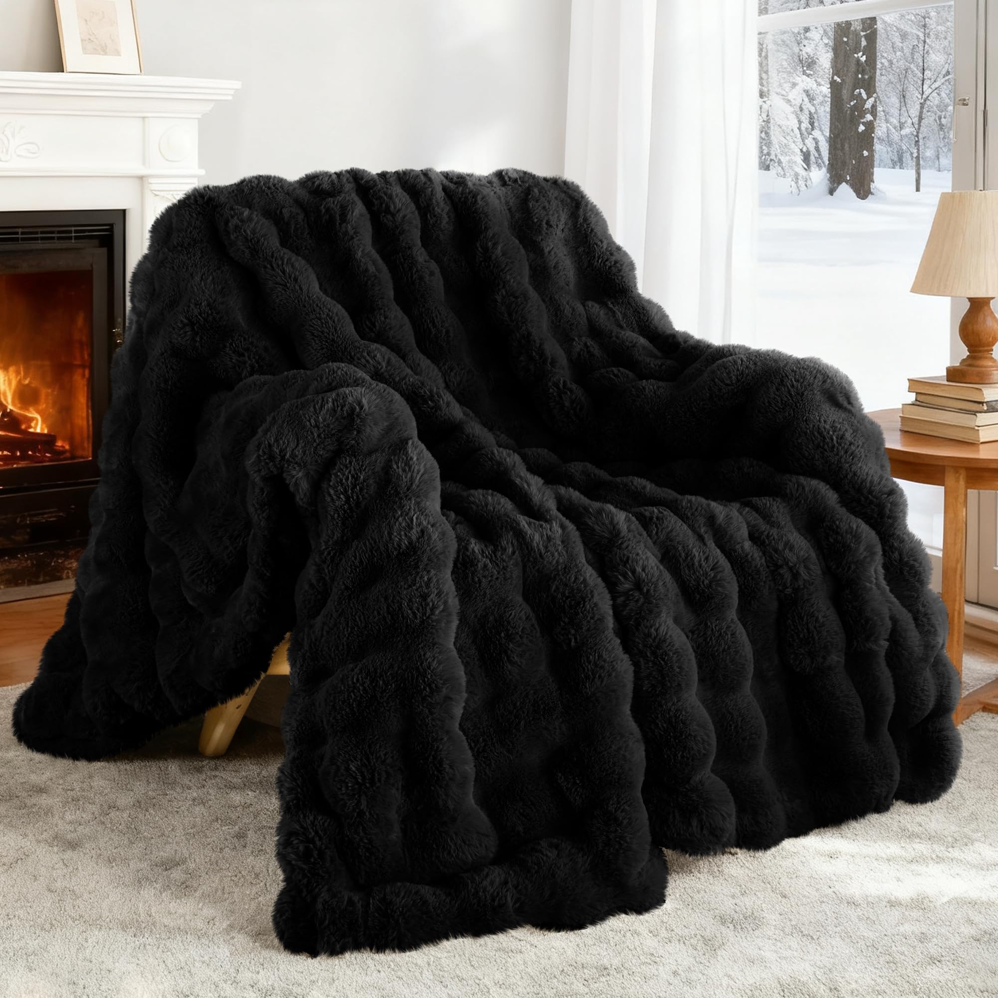 Exclusivo Mezcla Faux Fur Throw Blanket for Sofa, Soft 3D Bubble Blanket