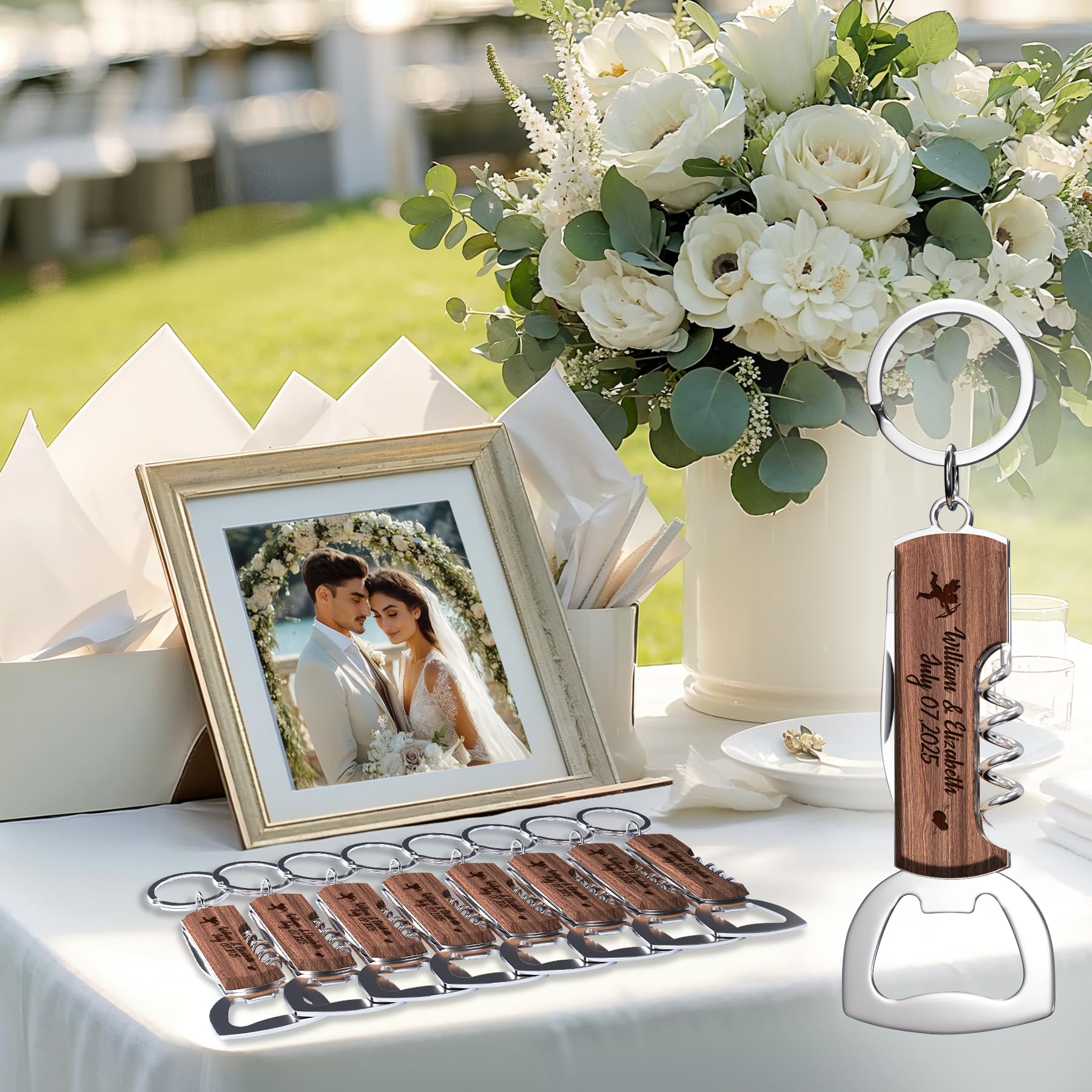 60 Pezzi Apri Bottiglie in Palissandro Personalizzato Multifunzionale, Bomboniere Regalo per Matrimoni e Feste di Compleanno, Portachiavi Apribottiglie Incisi per Ospiti