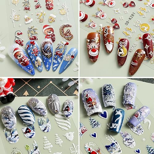 Miniatura 6 de 6 hojas de calcomanías de uñas de Navidad para arte de uñas, 5D en relieve de árbol nevado de invierno, copos de nieve, diseño de oso y pájaro,