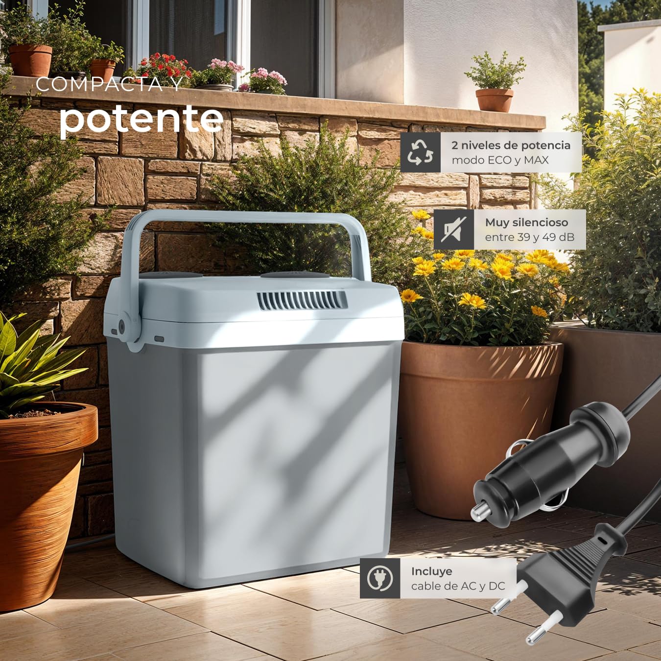 tectake® Nevera Eléctrica 2 en 1, 32 l, Funciones Refrigeración y Calentamiento, 44 x 32 x 45 cm, Modo Eco, Silencioso, 230 V y 12 V Enchufes Domésticos y del Coche, Acampada, con Aislamiento - Gris