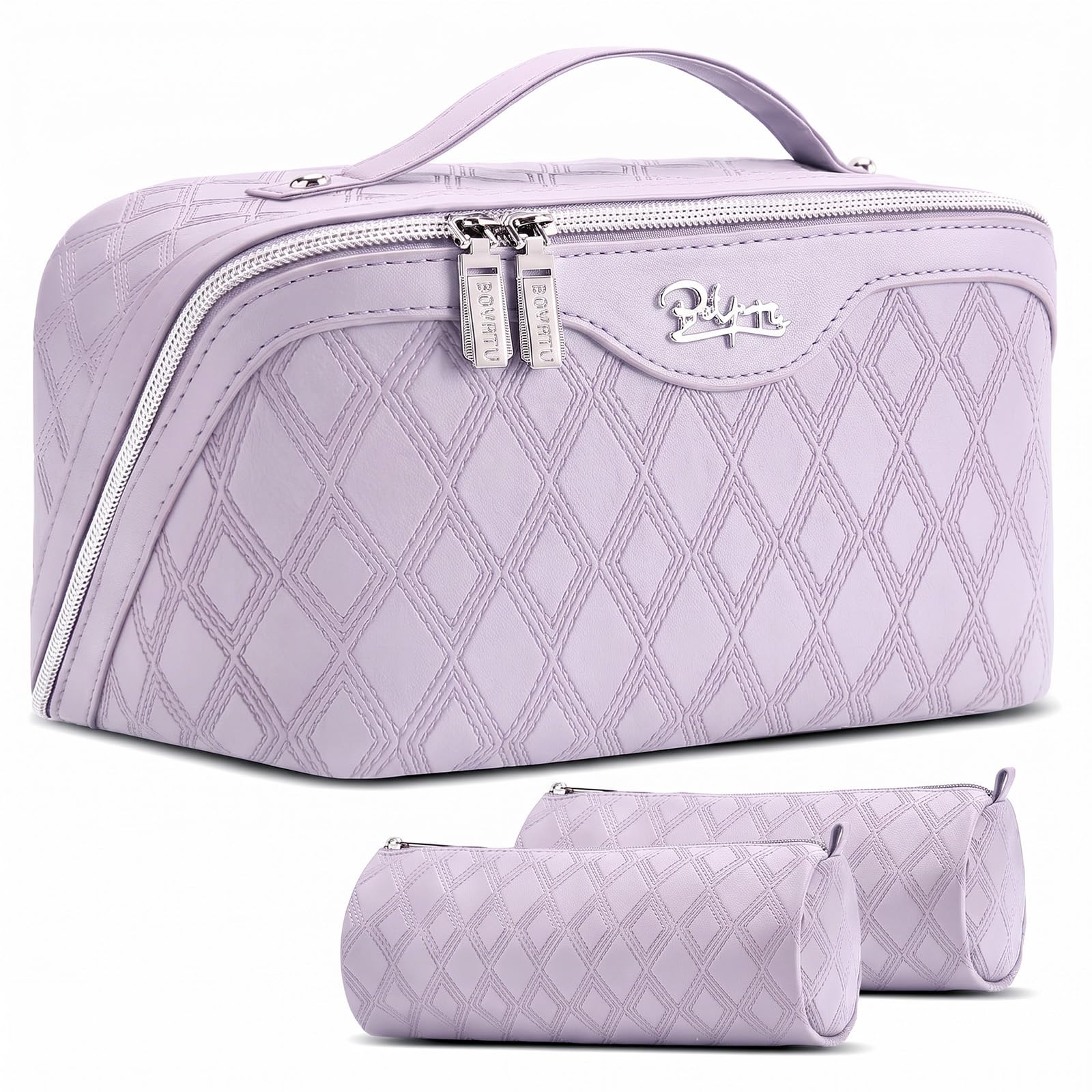 BOYATU Travel Makeup Bag Organizer: 3 Pcs Cosmetic Bag Set for Women Purple | Vegan leather, Waterproof, Easy clean, 180° lay-flat, Full-size bottle capacity, Perfect for long trips, cruises, weekends