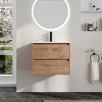 Malwee 24 Inch Floating Bathroom Vanity with Ceramics Sink, Double Drawer Soft Close Storage Cabinet Basin Top Combo, Brown Wall Mounted Vanity Set N05124
