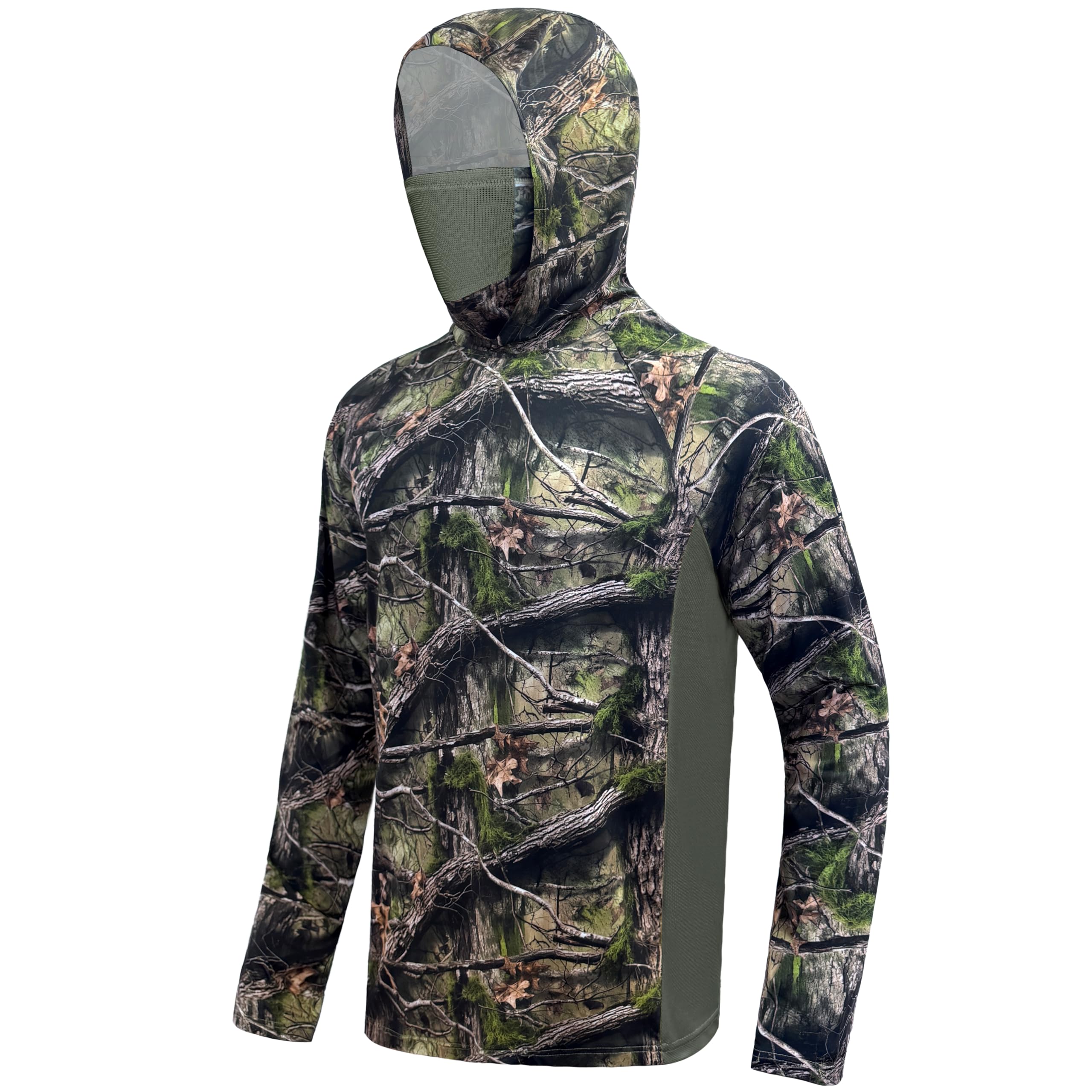 Hunting Hoodie with Mask for Men Long Sleeve Sun Protection UV UPF 50+ Camo Fishing Shirts