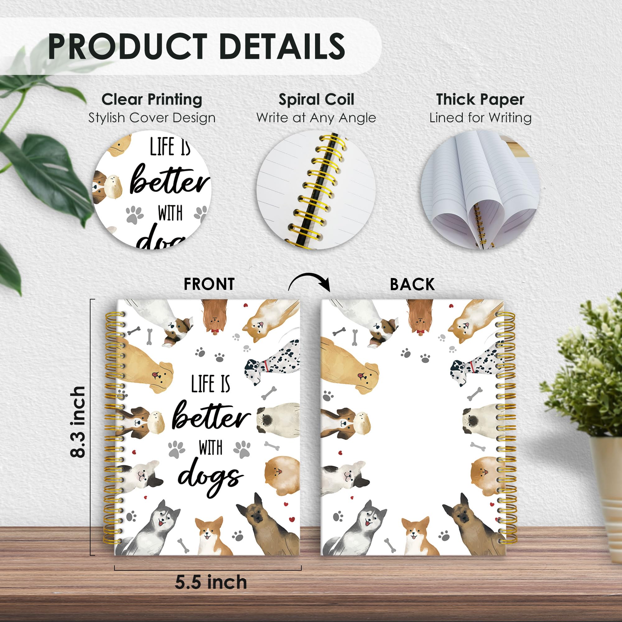 Spiralnotizbuch für Hundeliebhaber, Aufschrift "Life Is Better with Dogs", liniert, Hardcover, Tagesjournal für Büro, Arbeit, Schule, Komposition, Hundenotizbuch, A5, 5,5 x 8,3 cm