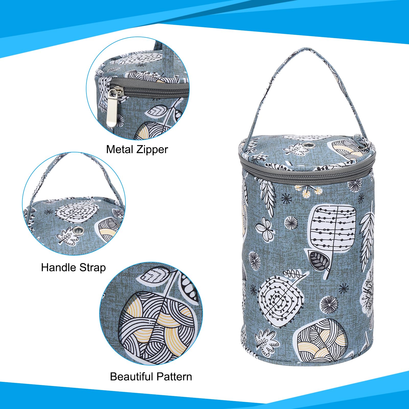 PATIKIL Knitting Bag for Yarn Storage Small Size Crochet Organizer Strap Case Holder with Pocket for Crocheting Supplies Needles Hooks Blue Gray - Image 4