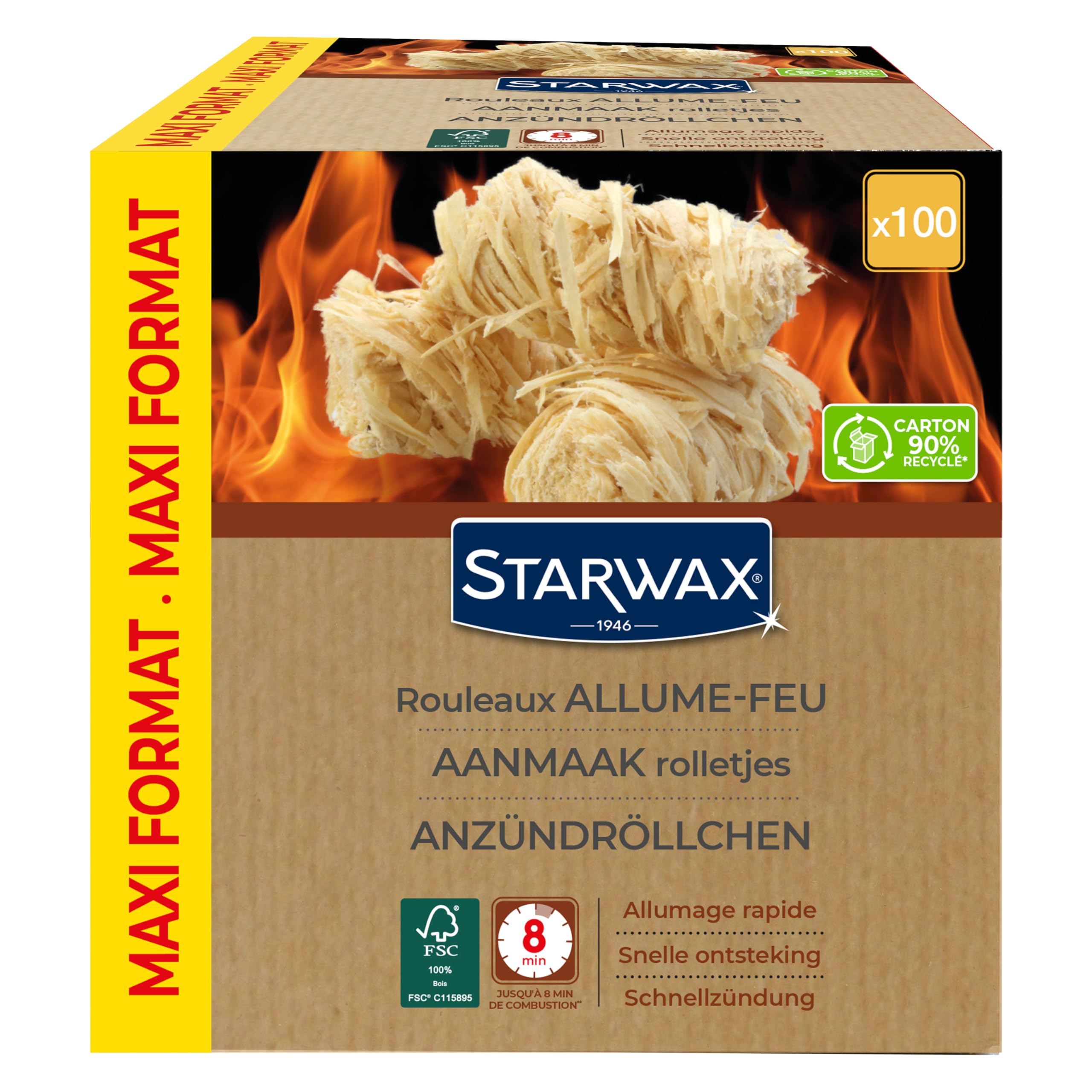 STARWAX - Fire Starter Rolls - Quick to Light - Up to 8 Mins Combustion - FSC® - BBQ and Fireplaces - x100