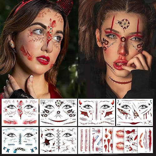 Miniatura 1 de Más de 260 piezas de 36 hojas de tatuajes falsos para Halloween, tatuajes de maquillaje de zombies temporales realistas, tatuajes de cicatrices de