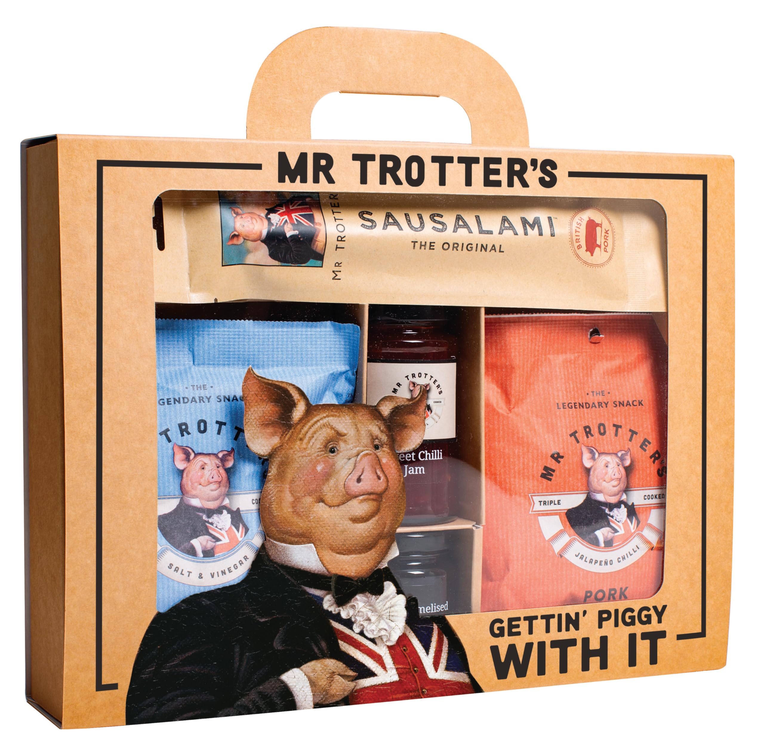 Mr Trotters - Getting Piggy With It - a Collection of Sausalami, Sweet Chilli Jam, Caramelised Onion Chutney and Two Flavours of Pork Crackling