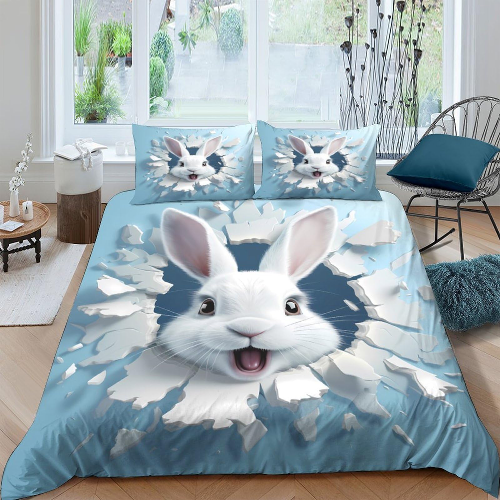 GPLZQXKJNH 3D Printed Cartoon Bunny Duvet Cover Microfiber Soft Breathable Broken Wall Bedding Set with 2 Pillowcases for Bedroom, Dorm, Rental Single（135x200cm）