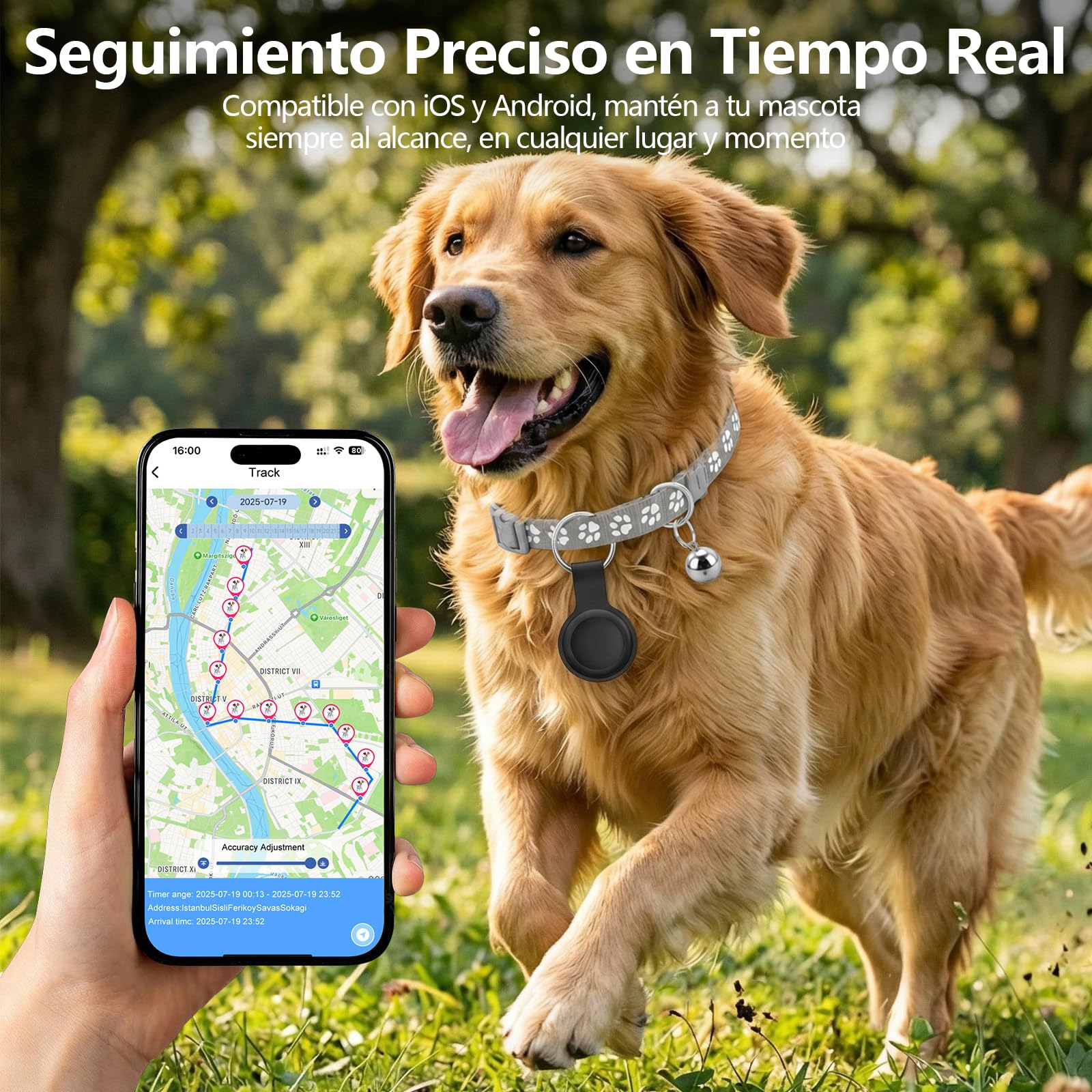 GPS Gatos, Localizador GPS Perros Compatible con Sistemas iOS y Android, GPS Perros/Gatos Sin Suscripción, Posicionamiento Global en Tiempo Real, Resistente al Agua IPX6, Collar Ajustable - Gris