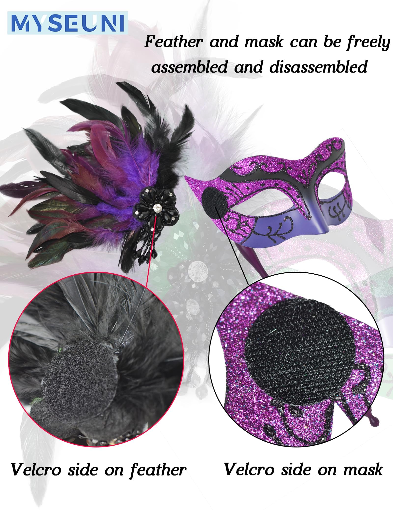 MYSEUNI 2025 New Purple Masquerade Mask for Women with Stick - Image 3