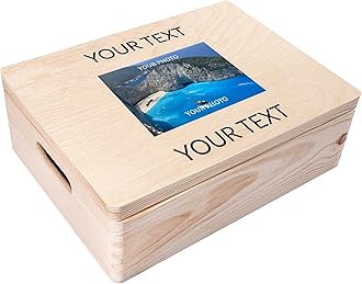 Creative Deco Personalized Wooden Storage Box | 15.8x11.8x5.5in (+-0.5) | Hinged Lid Handles Engraving | Personalised Text + Photo | Unpainted Gift Box | Rough UNSANDED Keepsake Memory Souvenir Chest