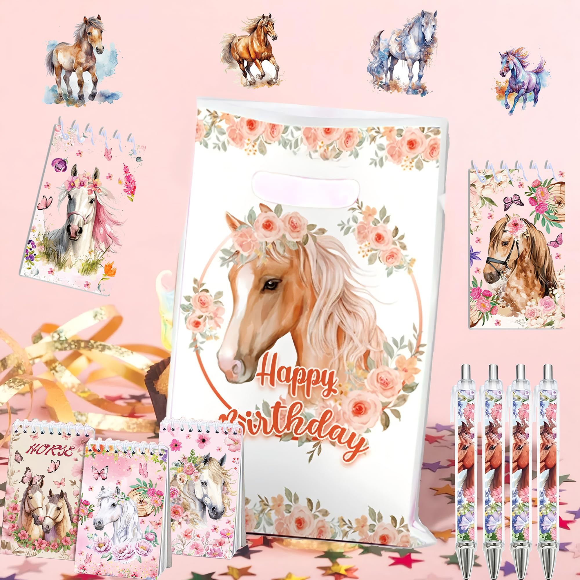 Ensemble de papeterie à thème cheval 86 pièces avec stylos, carnets, autocollants et sacs cadeaux