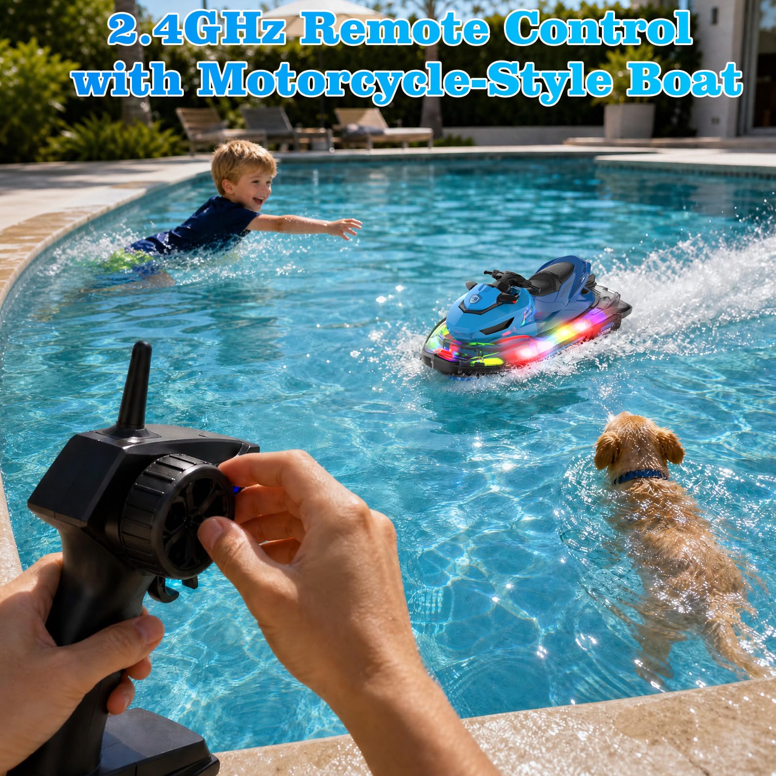 Barco RC, Barco Radiocontrolado Para Adultos Y Niños De 8 A 12 Años, Lancha Motor 2,4 GHz, Arranque Automático Y Luces LED, Aviso Batería Baja, Nave RC Totalmente Impermeable, Juguete De Verano