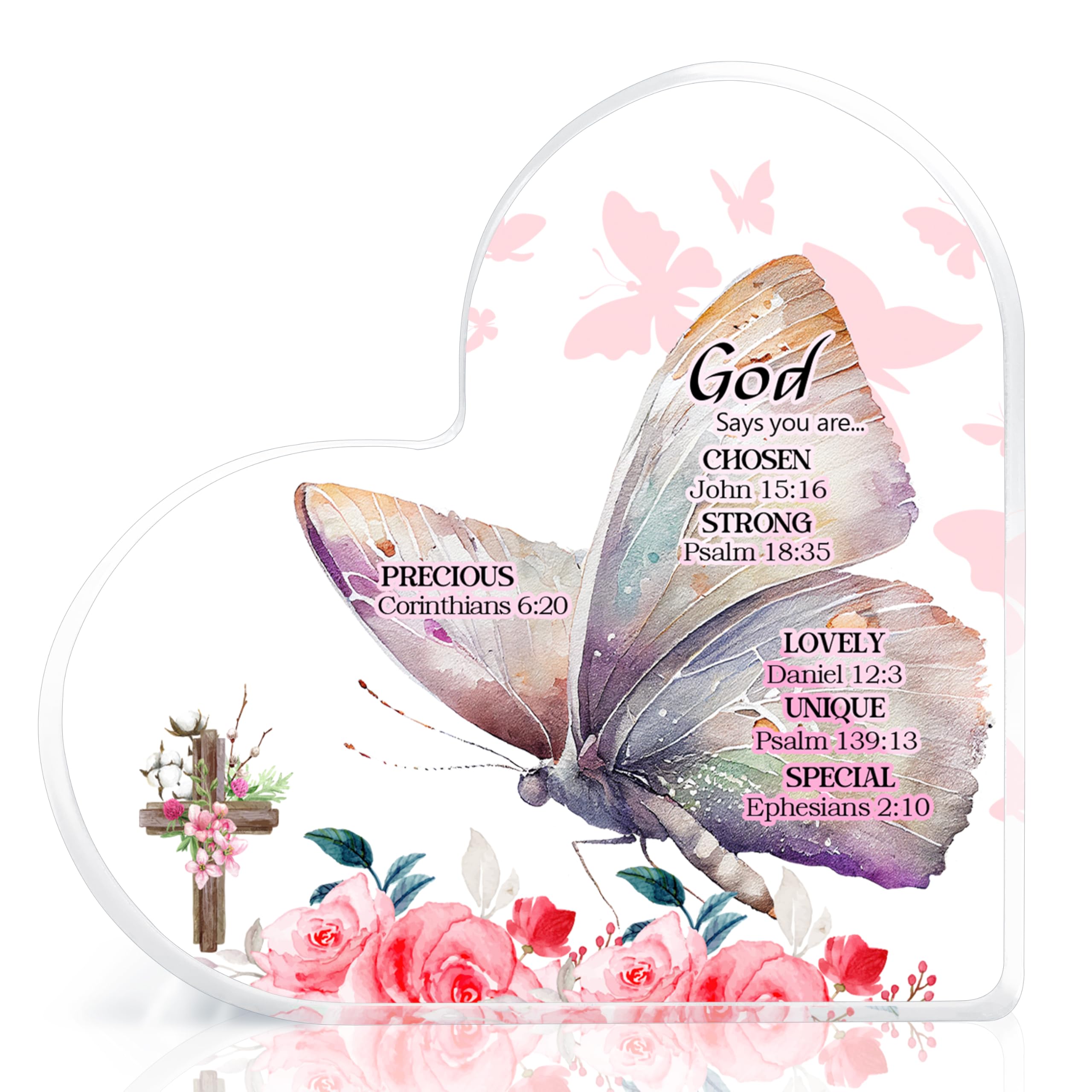Christian Gifts for Women, Catholic Gifts, Religious Gifts, Inspirational Gifts with Bible Verse and Prayers, Pink Butterfly Acrylic Hearts Decoration for Friend Home Office (With God)