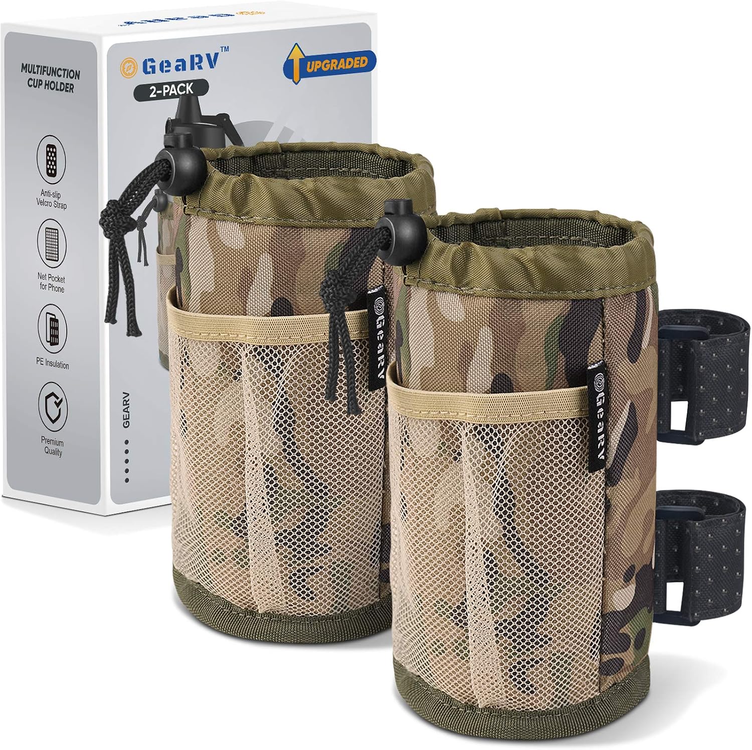 GEARV 2Pack Cup Holder for Bike, Scooter and Wheelchair, Water Bottle Holder for UTV/ATV, Walker, Golf Cart and Beach, Universal Drink Holder Accessories with Net Pocket and Cord Lock (Yellow Camo)