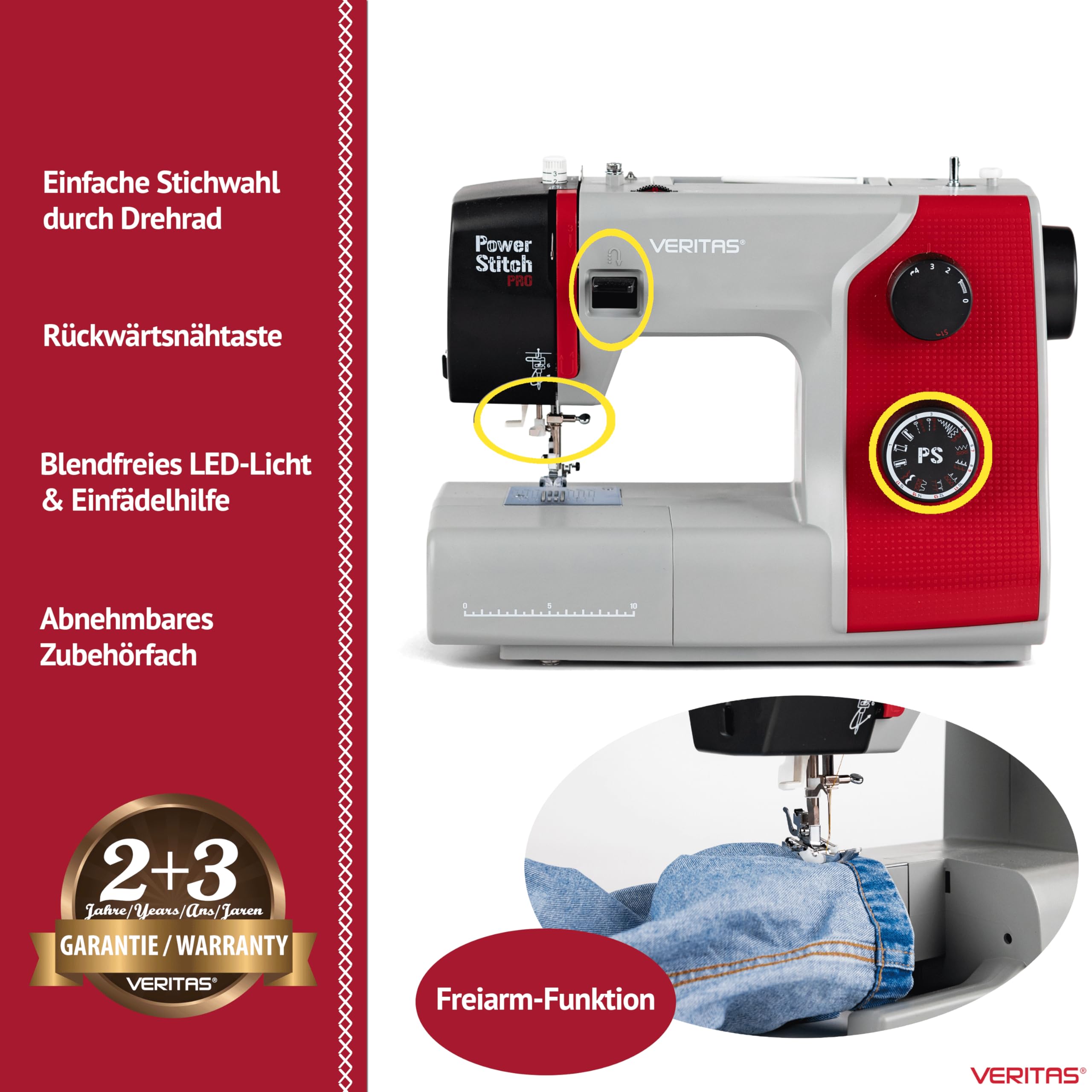VERITAS Nähmaschine Power Stitch PRO I 17 Stichprogramme I Auto-Fadenspannung & Einfädelhilfe I Fadenabschneider I Einstellbare Stichlänge I LED-Nählicht I Mechanische Nähmaschine (grau-rot)