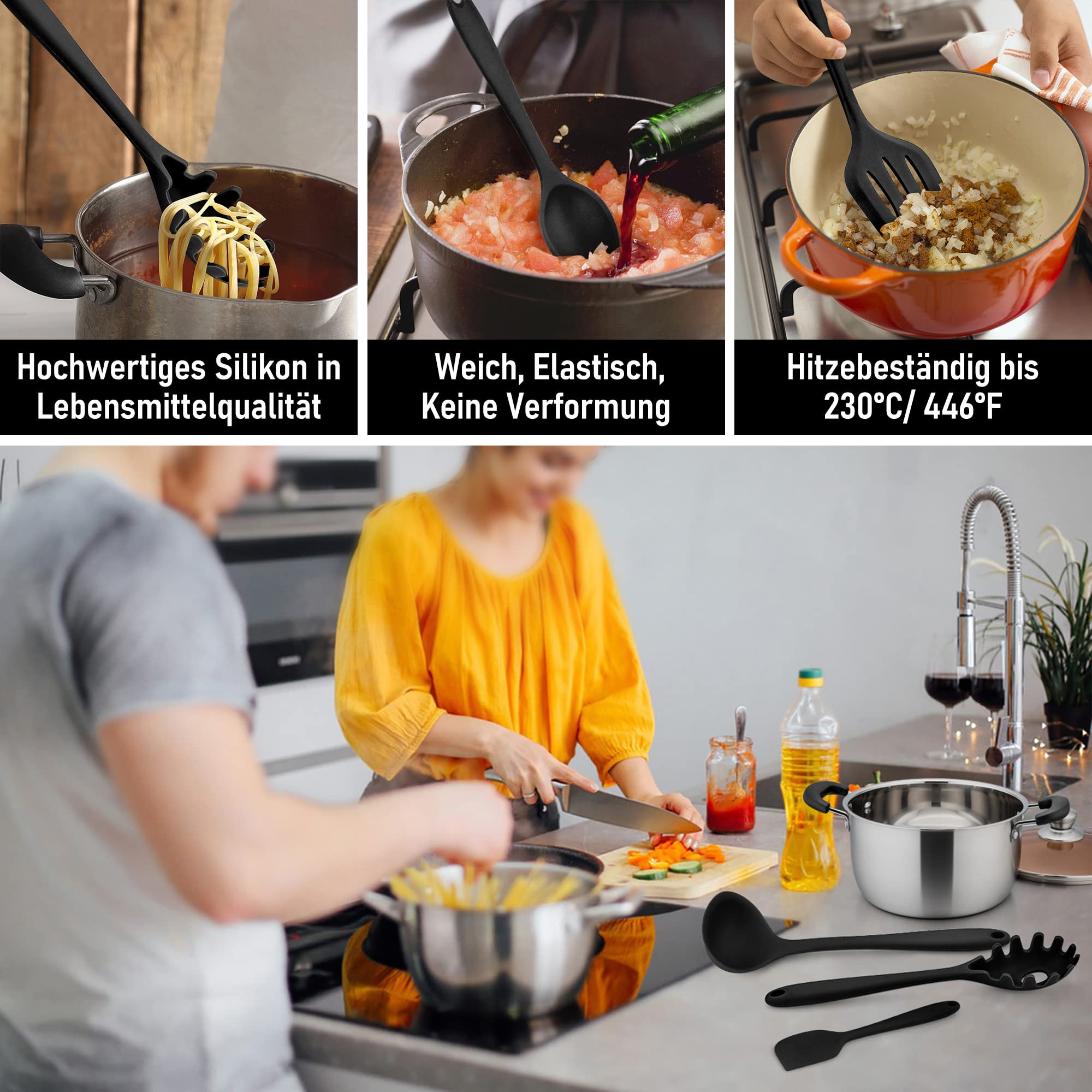 Küchenhelfer Set, Joyfair 9 Stück Schwarz Küchenutensilien Silikon, Hitzebeständiges Kochutensilien Kochgeschirr Set mit Pfannenwender Schneebesen Grillzange, Antihaft Kochbesteck zum Kochen & Backen