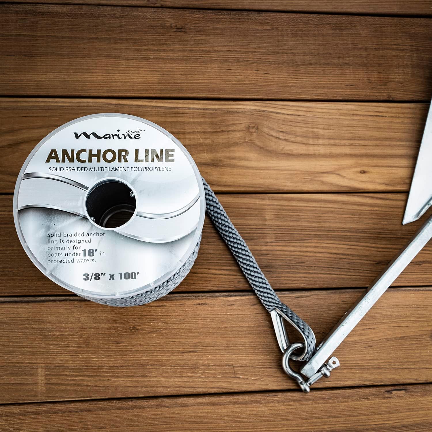 MARINE SYSTEM Made 3/8 Inch 100FT 150FT Premium Solid Braid MFP Grey Anchor Line Braided Anchor Rope/Line with Stainless Steel Thimble and Shackle (3/8" x 100' Grey)