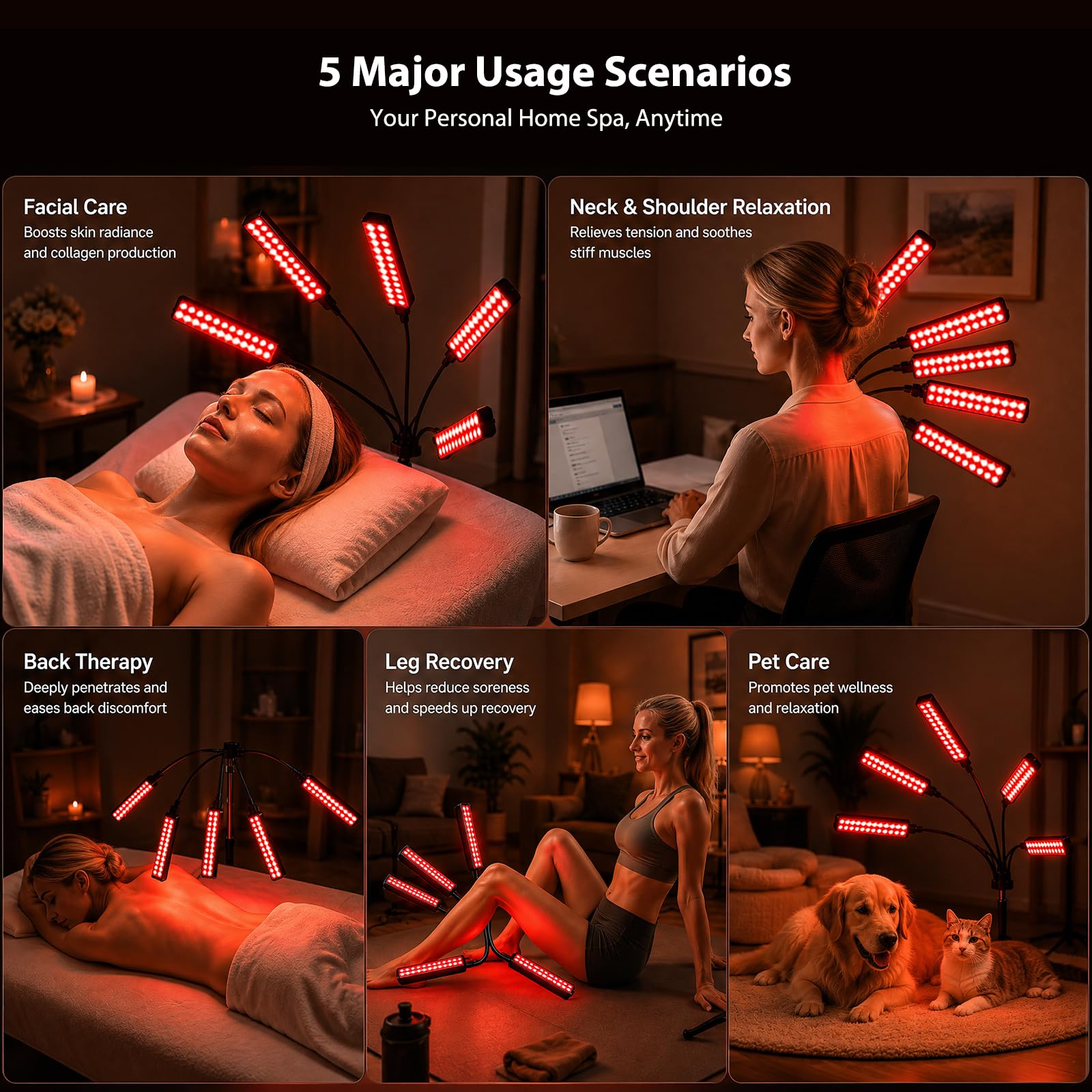 FlaoAito Terapia della luce rossa per corpo e viso, terapia della luce a infrarossi per il corpo con LED a infrarossi vicini da 660 nm e 850 nm, terapia della luce rossa con 5 testine, ideale per uso