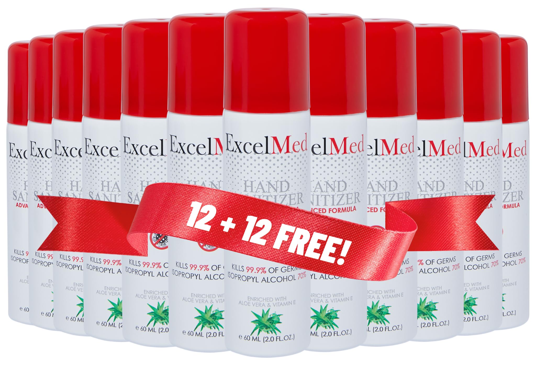 ExcelMed Hand Sanitizer Spray 60ml (Package of 12 plus 12 free), Aloe Vera + Vitamin E, Packages of 1,3,6,12 Available