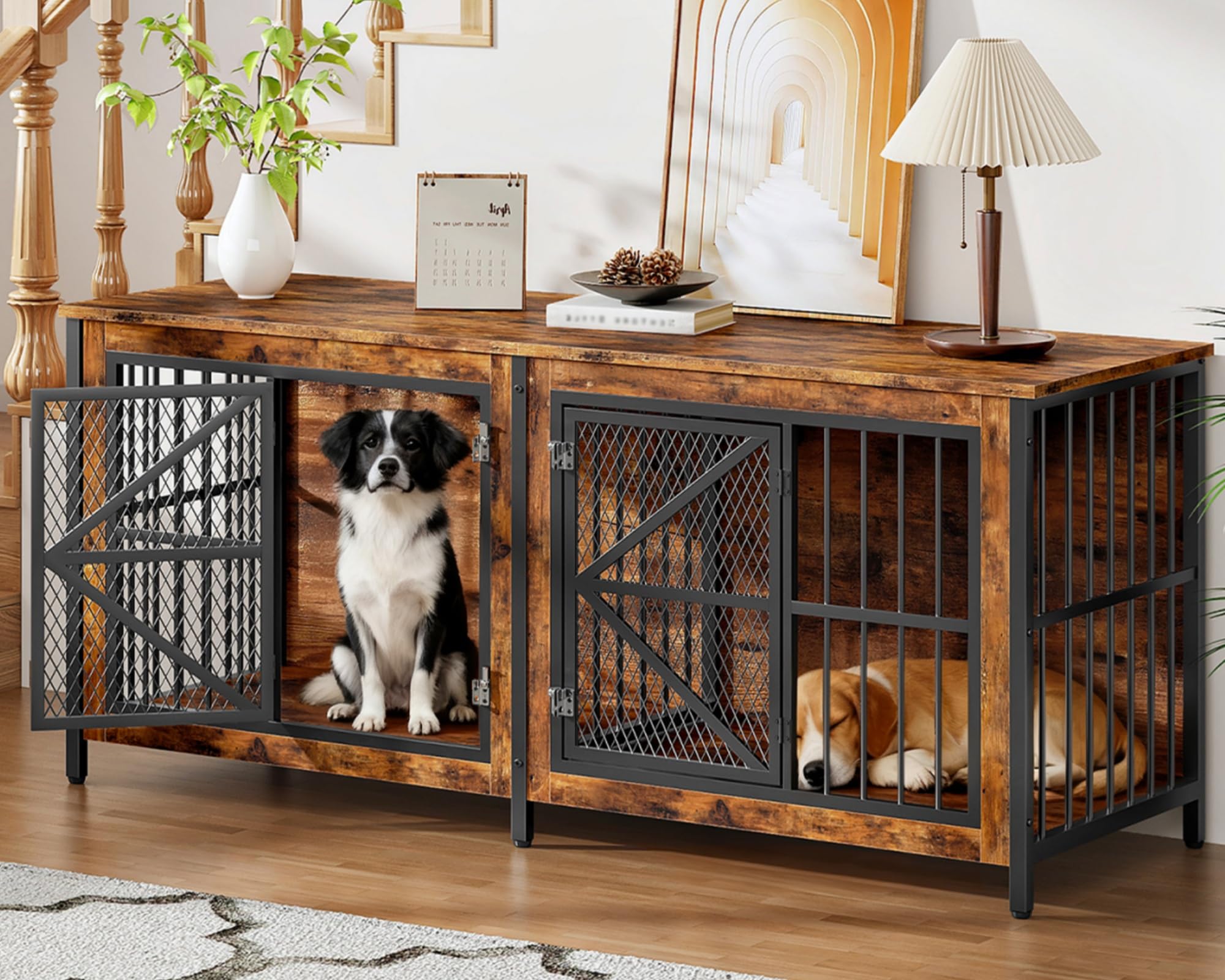 CHOEZON 71 Inch Double Dog Crate Furniture for 2 Dogs, Wooden Dog Crate End Table for Medium/Large Dogs, Dog Kennel Furniture with Divider & Double Metal Doors, Rustic Brown and Black TGW02BF