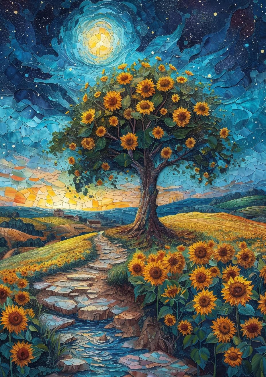 Stamped Cross Stitch Kits for Adults 14 Count Printed Cross Stitch Kits for Beginners Moon and Tree Sunflowers Cross Stitch Patterns Needlepoint kit (Moon and Tree Sunflowers)