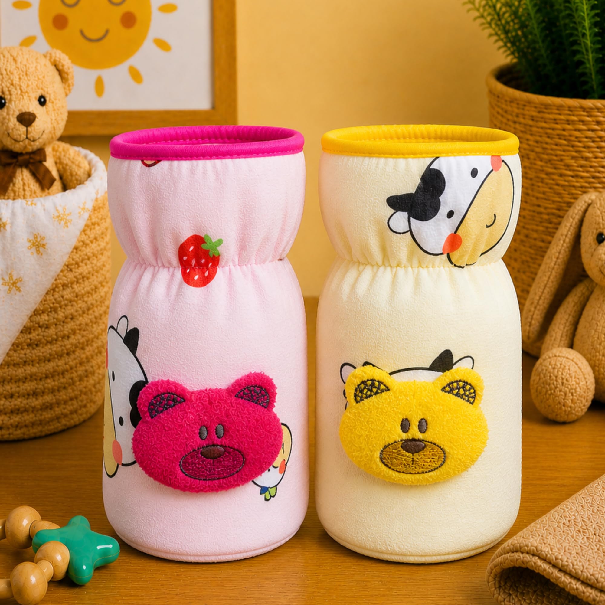 THE LITTLE LOOKERS Soft Plush Stretchable Baby Feeding Bottle Cover with Easy to Hold Strap | Cute Animated Overall Print Pack of 2 (Pink & Yellow, Narrow Neck 120ml/4oz)-image-31